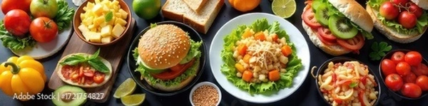 Fototapeta A vibrant spread of diverse lunch meals including sandwiches, salads, wraps, and fruit, perfect for a healthy and delicious midday break , dietary, corporate, salad
