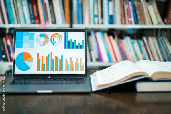 Fototapeta A laptop screen displaying a graph and a book placed on the table in the library, representing a business concept.	