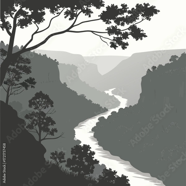 Obraz Serene river winding through lush green canyon with dramatic cliffs and silhouetted trees