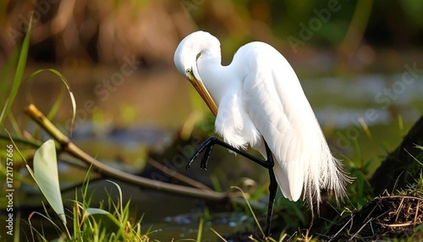 Obraz Egrets preening by water
