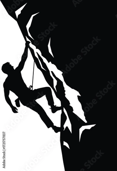 Fototapeta Silhouette Vector of Rock Climber Hanging on Cliff with Rope in Extreme Outdoor Adventure Scene