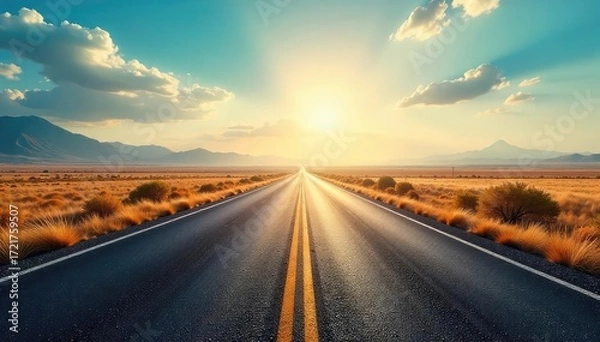 Fototapeta Endless asphalt ribbon vanishing into a hazy horizon, sun-drenched landscape, perfect for travel, adventure, and freedom themes A scenic route leading to the unknown , adventure, rural