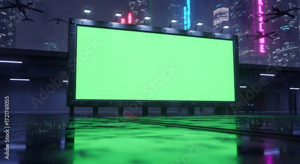 Fototapeta Futuristic city billboard with a large green screen, reflecting in a wet urban space.