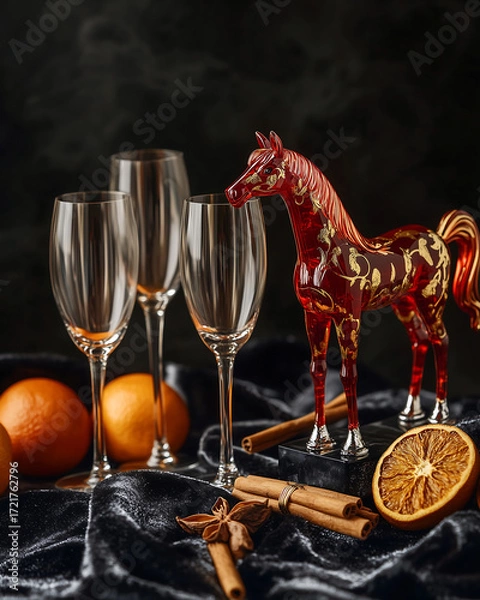 Fototapeta A stylish figurine of the Fire Horse, the symbol of 2026. Crafted from glossy red lacquer and inlaid with gold leaf, it sits elegantly amid champagne flutes, dried oranges, and cinnamon sticks on dark