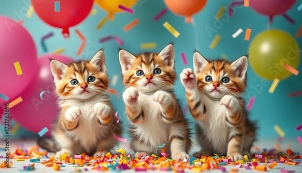 Fototapeta Three playful kittens batting at vibrant confetti and balloons,  stock photo, kittens