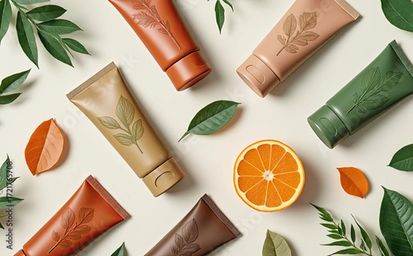 Fototapeta Assorted cosmetic tubes with botanical designs and citrus image