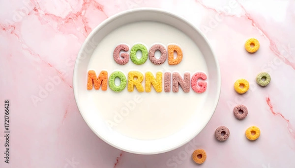 Fototapeta Morning Cereal Delight: A whimsical breakfast scene featuring a bowl of milk adorned with colorful cereal letters spelling out GOOD MORNING, alongside scattered cereal rings.