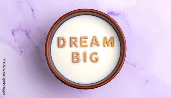 Fototapeta Dream Big Concept in a Bowl: A captivating top-down perspective presents a bowl filled with creamy liquid. The words DREAM BIG are artfully crafted from wooden letters, floating inside.
