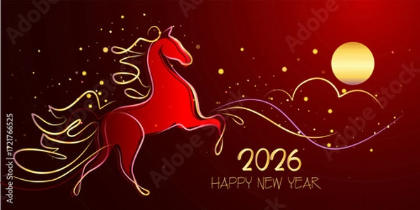 Fototapeta Year of the horse, Chinese New Year 2026 banner card with red horse and clouds, golden mane and stars.