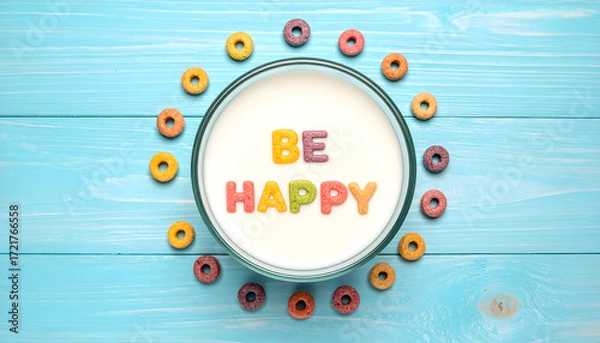 Fototapeta Cheerful Cereal: A bowl of cereal brightens a serene, light blue backdrop. The colorful cereal pieces create a cheerful morning scene. 