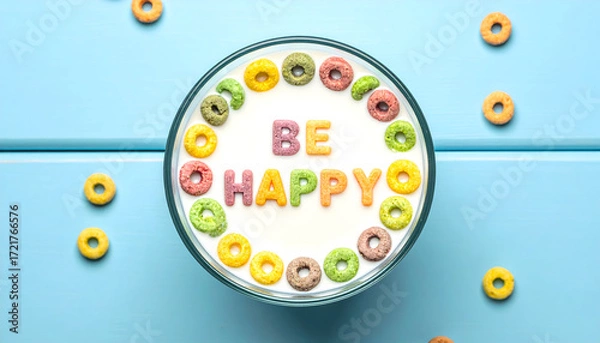 Fototapeta Colorful Cereal Be Happy: A vibrant and cheerful composition featuring a bowl of milk adorned with colorful cereal pieces spelling out Be Happy against a light blue surface.