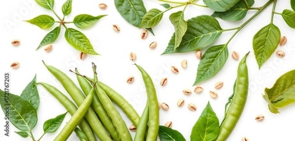 Fototapeta Whimsical green beans, sprouting seeds & leaves, natural elements, white background,  macro photography,   isolated