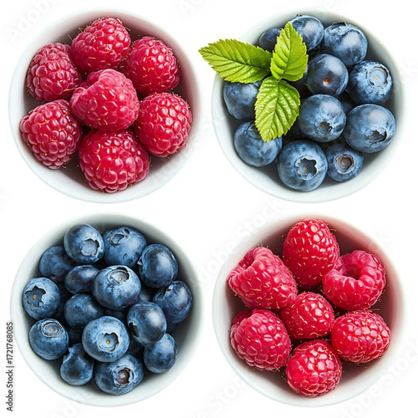 Fototapeta Set of blueberries and raspberries in a bowl