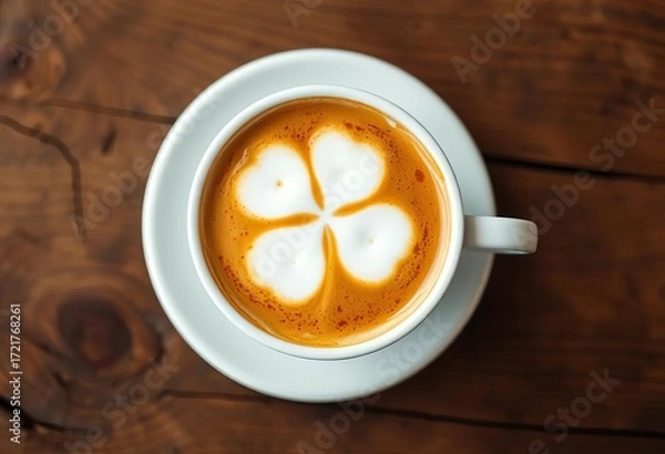 Fototapeta Creamy cloverleaf foam atop coffee in white cup, rustic wooden table,  texture,  delicious