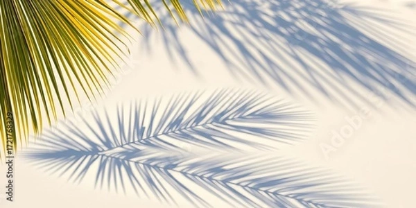 Fototapeta Abstract sunlit beach scene with palm leaf shadow projected on white sand, shimmering water ,  ocean,  photography