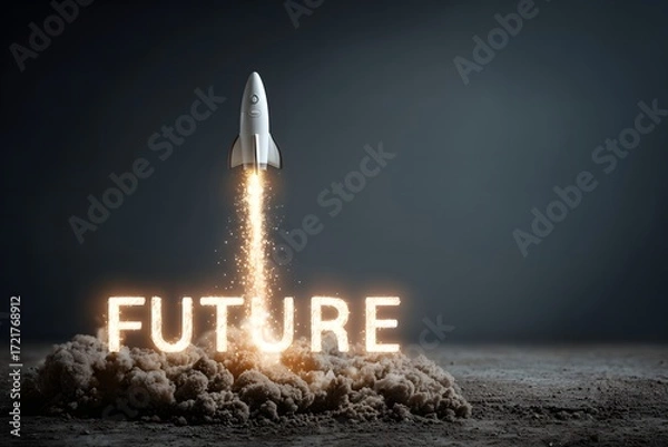 Fototapeta Rocket Launching into the Future with Bright Sparks Against a Dark Background
