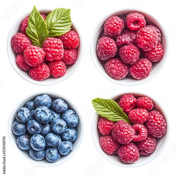 Fototapeta Set of blueberries and raspberries in a bowl