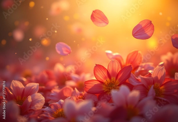 Fototapeta Floating Flower Petals in Golden Sunlight Glow