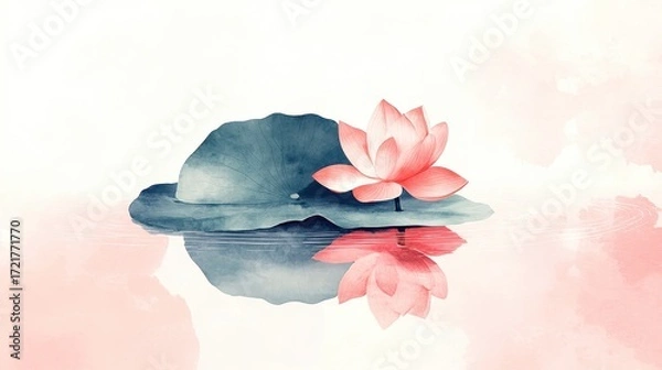 Fototapeta A serene watercolor illustration of a pink lotus flower on a green lily pad with soft reflections.