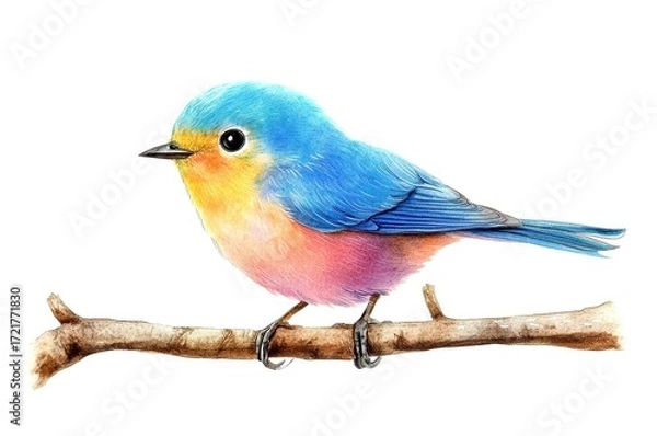 Fototapeta A vibrant blue and pink bird perched on a branch, showcasing its colorful plumage against a white background.