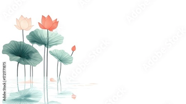Fototapeta Beautiful lotus flowers with leaves on a calm water surface, minimalistic design, white background.