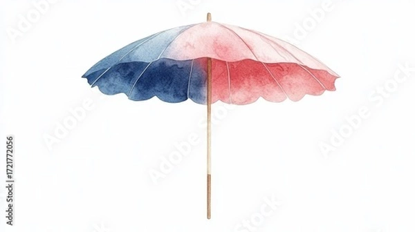 Fototapeta Colorful beach umbrella with blue and red sections, white isolate background.