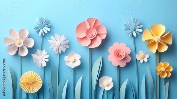 Fototapeta Colorful paper flowers in various shapes and sizes against a blue background.