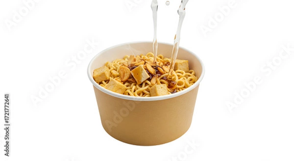 Fototapeta Instant cup noodles with tofu and chopsticks, quick Asian snack or meal for busy days