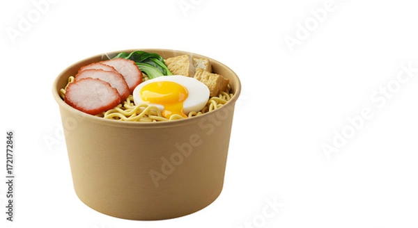 Fototapeta Instant ramen noodle soup with sliced pork, boiled egg, and vegetables in a disposable brown paper bowl, perfect for quick meals or lunch