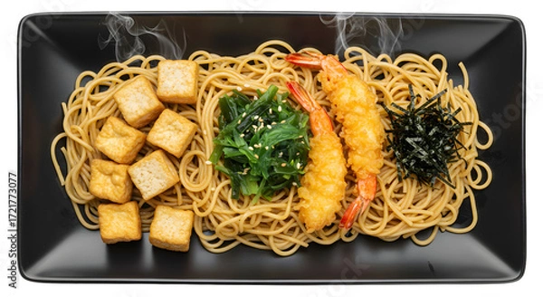 Fototapeta Japanese soba noodles with fried shrimp tempura, tofu cubes, seaweed, and spinach served on a black rectangular plate, perfect for Asian cuisine menus