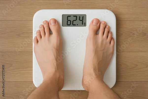 Fototapeta Closed-up image of a man's feet being weighed on a scale