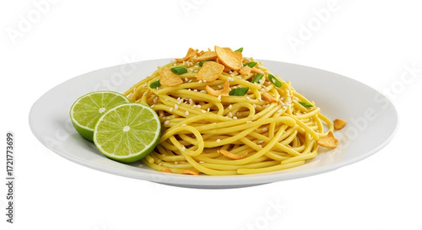 Fototapeta Plate of spaghetti pasta garnished with sliced garlic, green herbs and lime halves, isolated on white background, perfect for food menus and cooking blogs