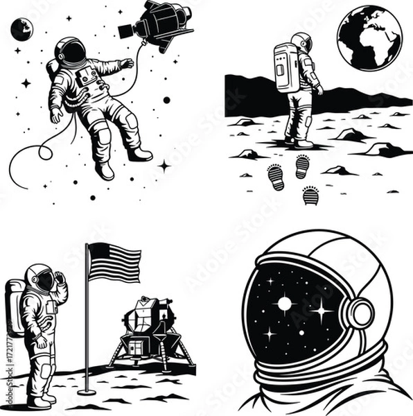 Fototapeta Astronauts in Space and on the Moon Vector Illustration Set with Planets, Spacecraft, and Cosmic Elements
