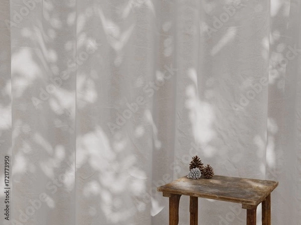 Fototapeta  Pinecones on Wooden chair with Natural Light and Shadow on White Fabric Curtain Background 2