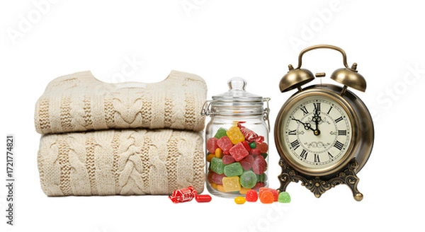 Fototapeta Stacked knitted sweaters with heart patterns next to a glass jar of colorful gummy candies and a vintage alarm clock on white background, perfect for cozy lifestyle themes