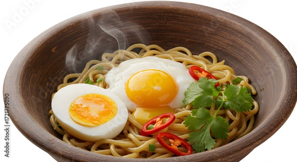 Fototapeta Steaming bowl of Asian-style noodles with boiled and fried eggs, chili slices, and fresh cilantro in wooden bowl, perfect for food blogs and restaurant menus