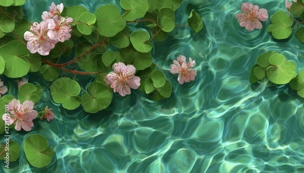 Obraz Water surface with blossoms and leaves