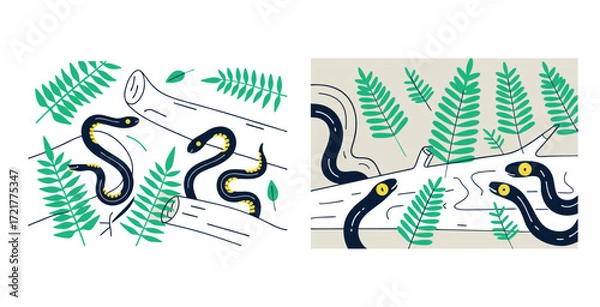 Obraz Elegant serpents with bodies composed of twisting vines and intertwined flowers vector art design