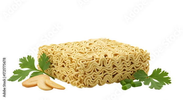 Fototapeta Uncooked instant ramen noodle block with fresh herbs and ginger root, isolated on white background, perfect for cooking and culinary recipes