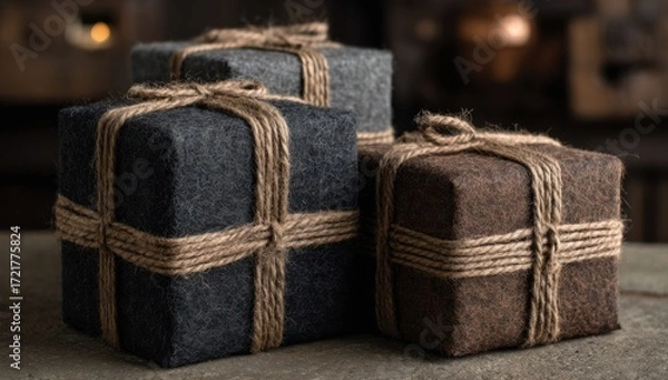 Obraz Three wrapped gifts, neutral colors, rustic setting