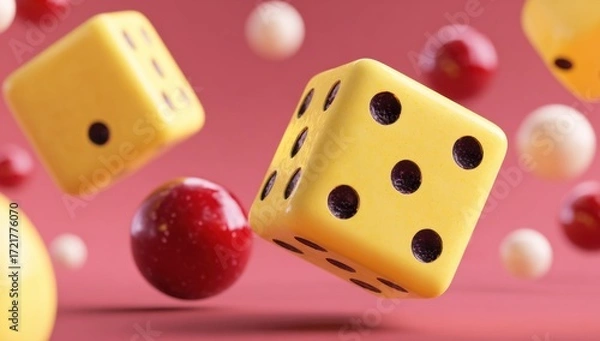 Obraz Floating dice and spheres in a vibrant setting