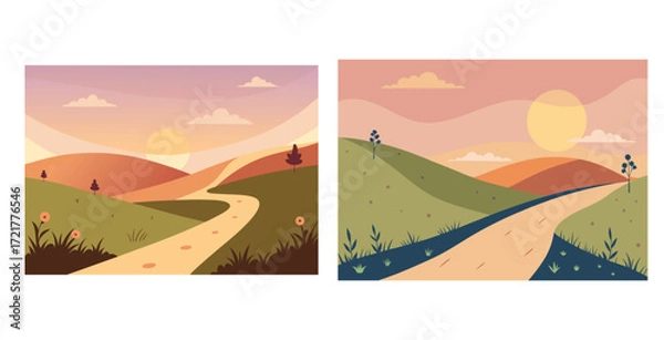Obraz Peaceful natural landscape featuring a gentle slope scattered trees and soft sunlight vector art design