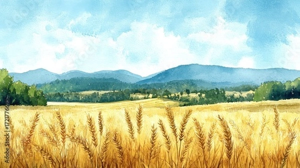 Fototapeta Golden wheat field against a serene mountain backdrop under a bright blue sky.
