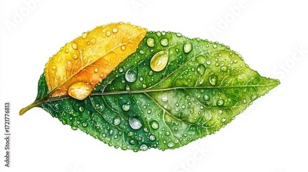Fototapeta Green and yellow leaf with raindrops on a white isolated background