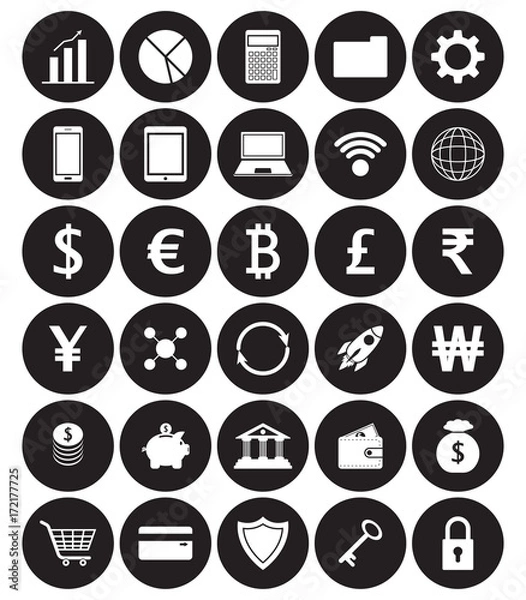 Fototapeta White Fintech Flat Icons In Front Of Black Circles On White Background