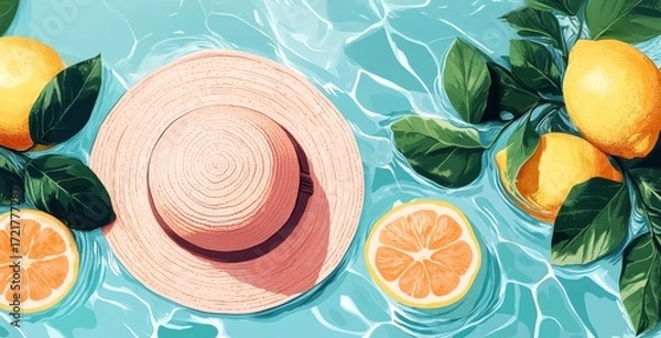 Fototapeta Lemon slices and a straw hat on a water surface, summertime vibes.