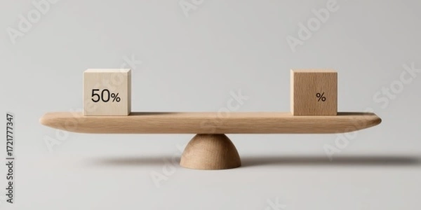 Obraz Wooden balance scale with 50% and % symbols