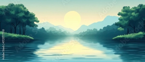 Fototapeta Serene landscape with sun over mountains and calm river reflection.