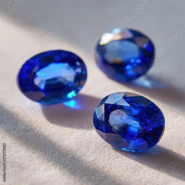 Obraz Three oval-cut blue gemstones on a light surface