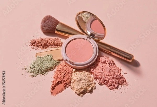 Obraz Luxury makeup flat lay with lipsticks, eyeshadow palette, and brushes styled on pastel podium for beauty, fashion, and cosmetic branding visuals